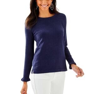 Lilly Pulitzer Calloway Chenille Sweater Navy Blue Ruffle Cuff Crew Neck Size S